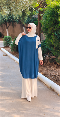 Patchwork Kapüşonlu Yarasa Kol Tunik İndigo Mavi