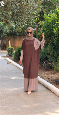 Patchwork Kapüşonlu Yarasa Kol Tunik Kahverengi