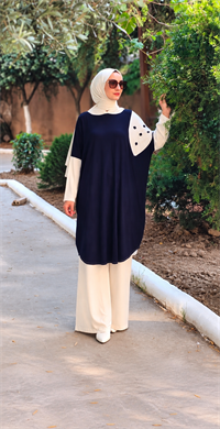 Patchwork Kapüşonlu Yarasa Kol Tunik Lacivert