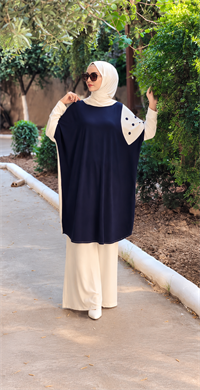 Patchwork Kapüşonlu Yarasa Kol Tunik Lacivert