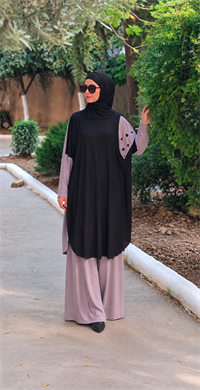 Patchwork Kapüşonlu Yarasa Kol Tunik Siyah