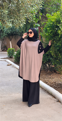 Patchwork Kapüşonlu Yarasa Kol Tunik Vizon