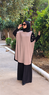 Patchwork Kapüşonlu Yarasa Kol Tunik Vizon