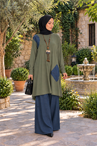 Penye Patchwork Tunik Haki Yeşili
