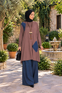 Penye Patchwork Tunik Kahve Rengi 