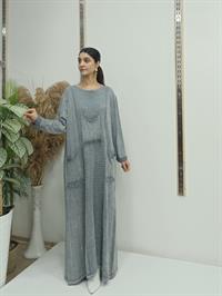 püsküllü cepli elbise gri