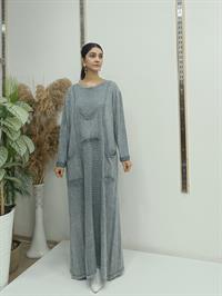 püsküllü cepli elbise gri