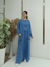 püsküllü cepli elbise indigo mavi