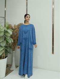 püsküllü cepli elbise indigo mavi