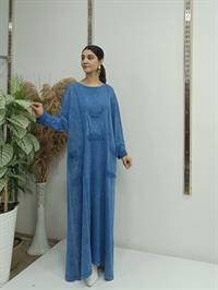 püsküllü cepli elbise indigo mavi