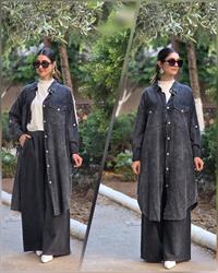 rahat düğmeli keten uzun gömlek