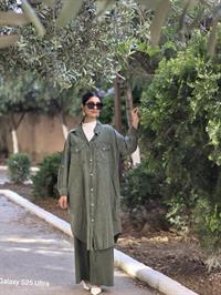 rahat düğmeli keten uzun gömlek haki yeşil