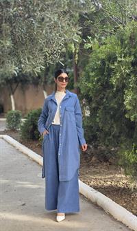 rahat düğmeli keten uzun gömlek indigo mavi