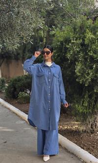 rahat düğmeli keten uzun gömlek indigo mavi