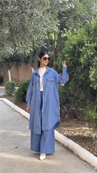 rahat düğmeli keten uzun gömlek indigo mavi