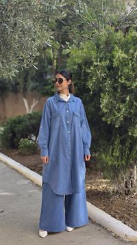 rahat düğmeli keten uzun gömlek indigo mavi