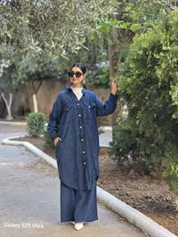 rahat düğmeli keten uzun gömlek lacivert