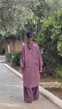 rahat düğmeli keten uzun gömlek mürdüm