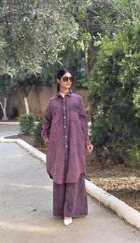 rahat düğmeli keten uzun gömlek mürdüm