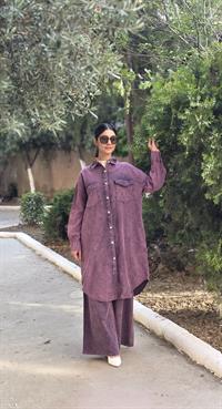 rahat düğmeli keten uzun gömlek mürdüm