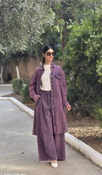 rahat düğmeli keten uzun gömlek mürdüm