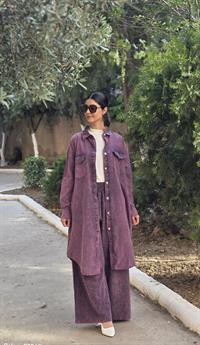 rahat düğmeli keten uzun gömlek mürdüm