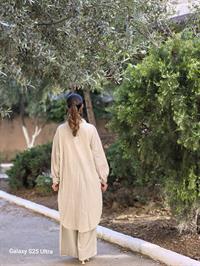 rahat düğmeli keten uzun gömlek taş rengi