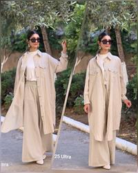 rahat düğmeli keten uzun gömlek taş rengi