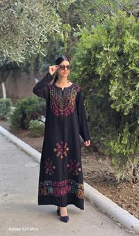 viskon etnik uzun elbise renkli siyah