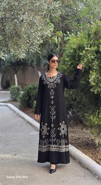 viskon etnik uzun elbise siyah ekru