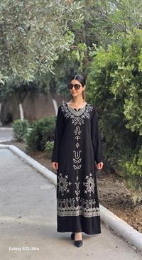 viskon etnik uzun elbise siyah ekru