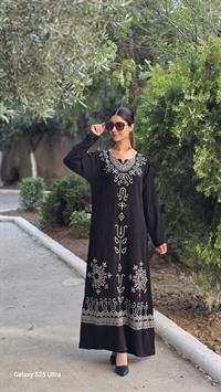 viskon etnik uzun elbise siyah ekru