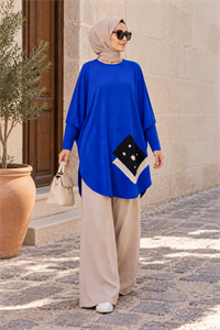 Yarasa Kol Patchwork Tunik Saks Mavisi