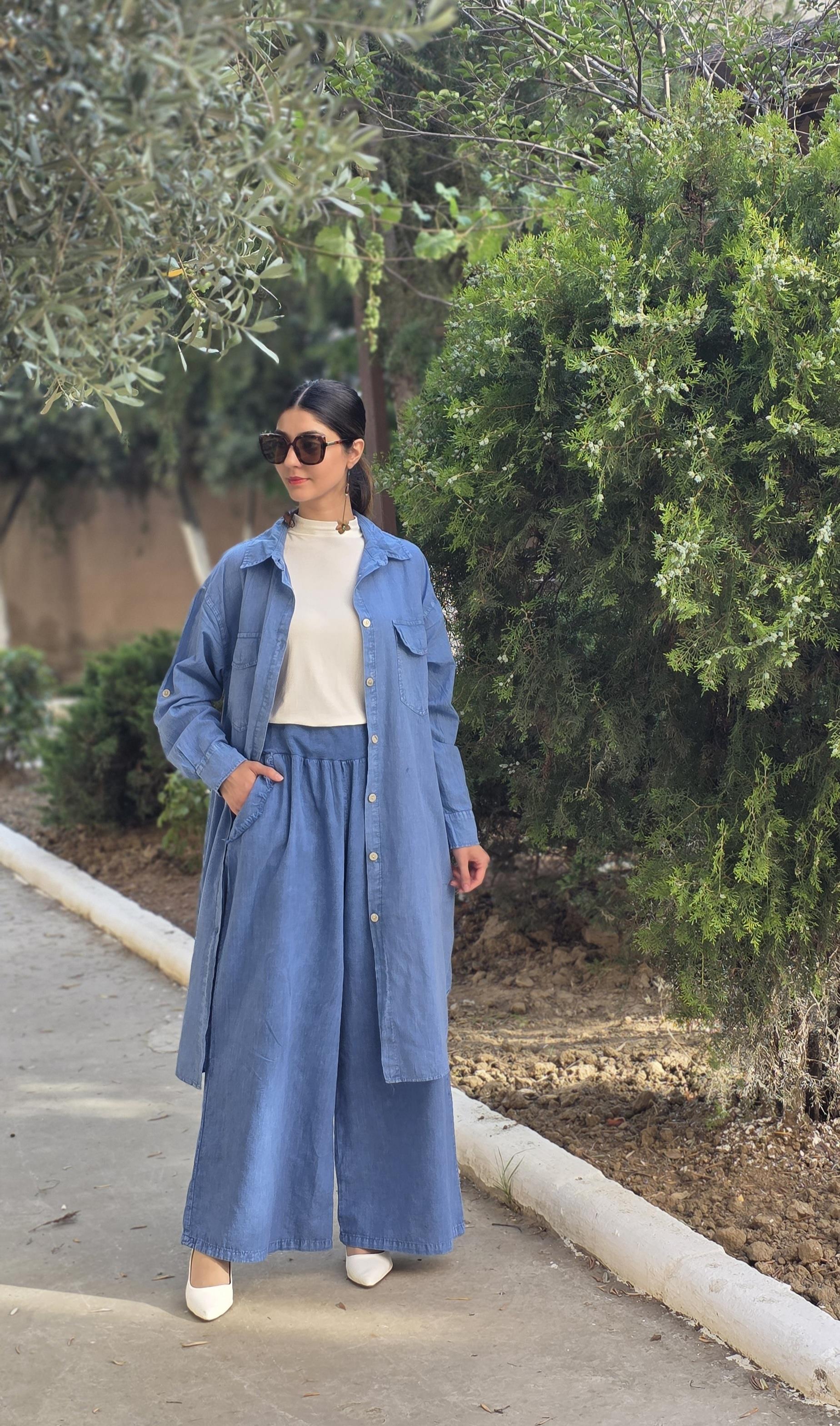  keten rahat salaş pantolon indigo mavi