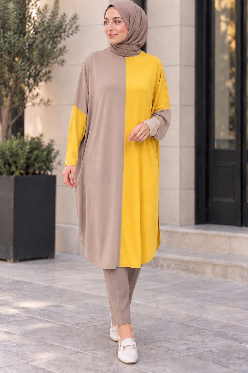 çift renkli basic tunik hardal vizon