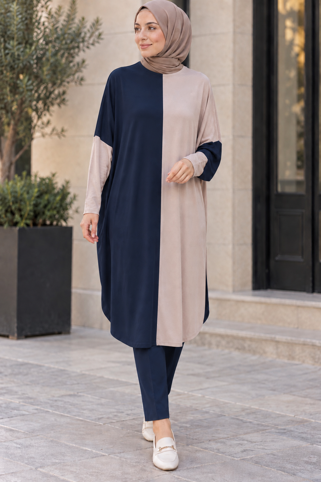çift renkli basic tunik lacivert vizon
