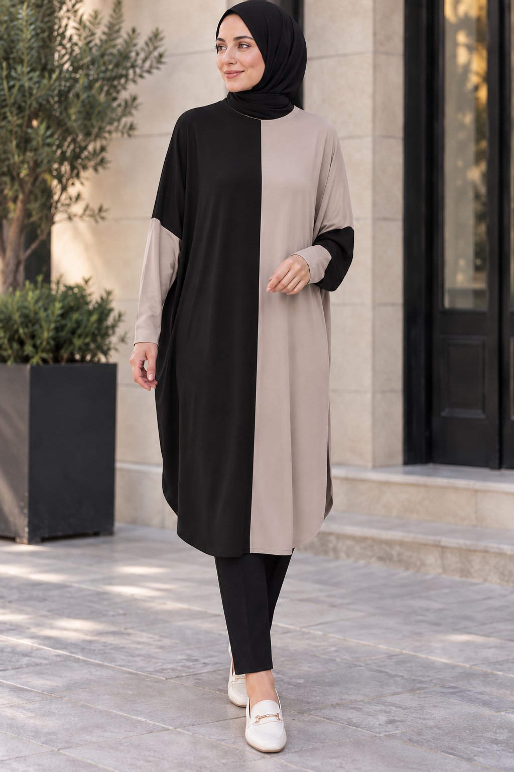 çift renkli basic tunik siyah vizon