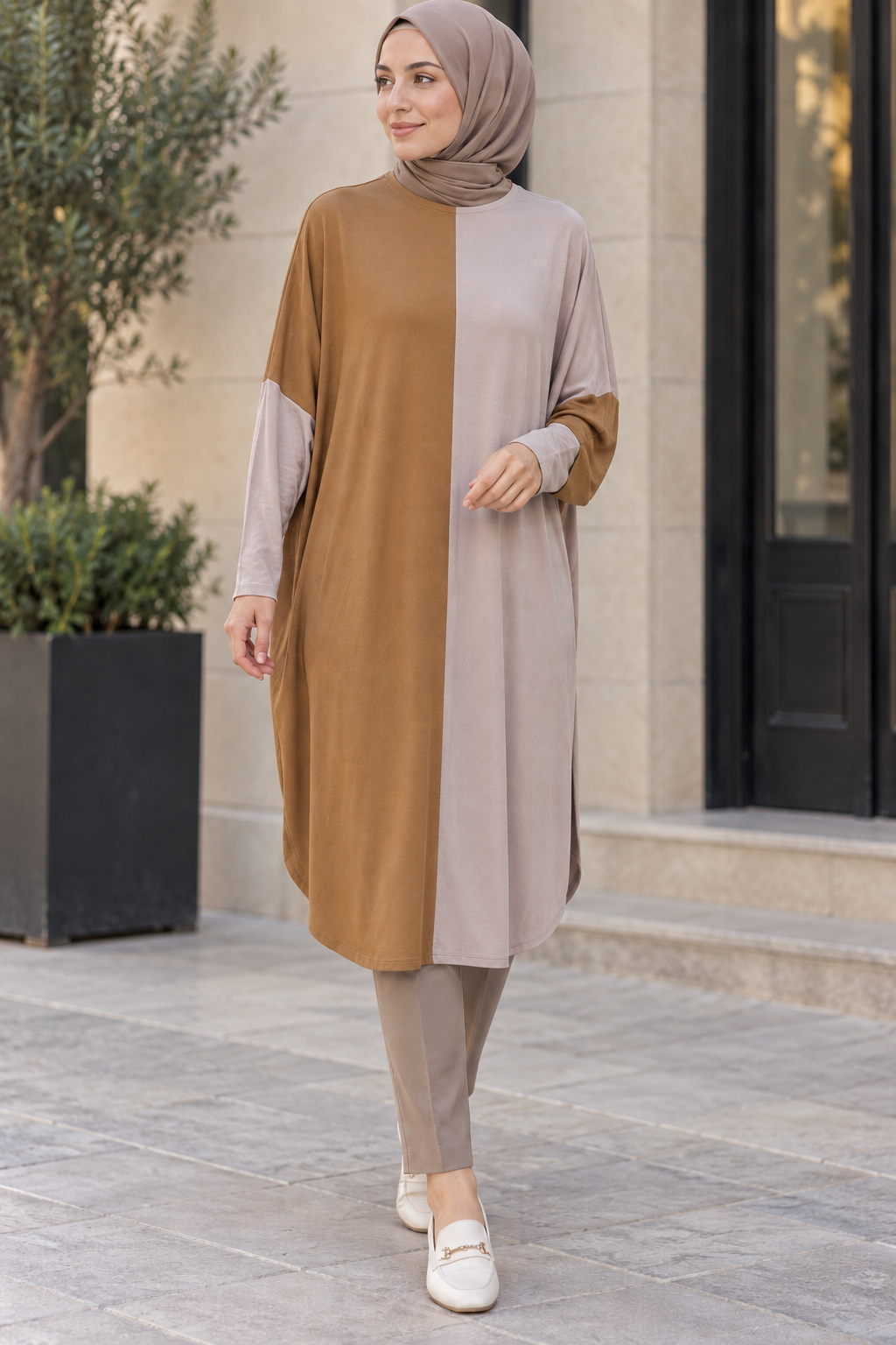 çift renkli basic tunik tarçın vizon