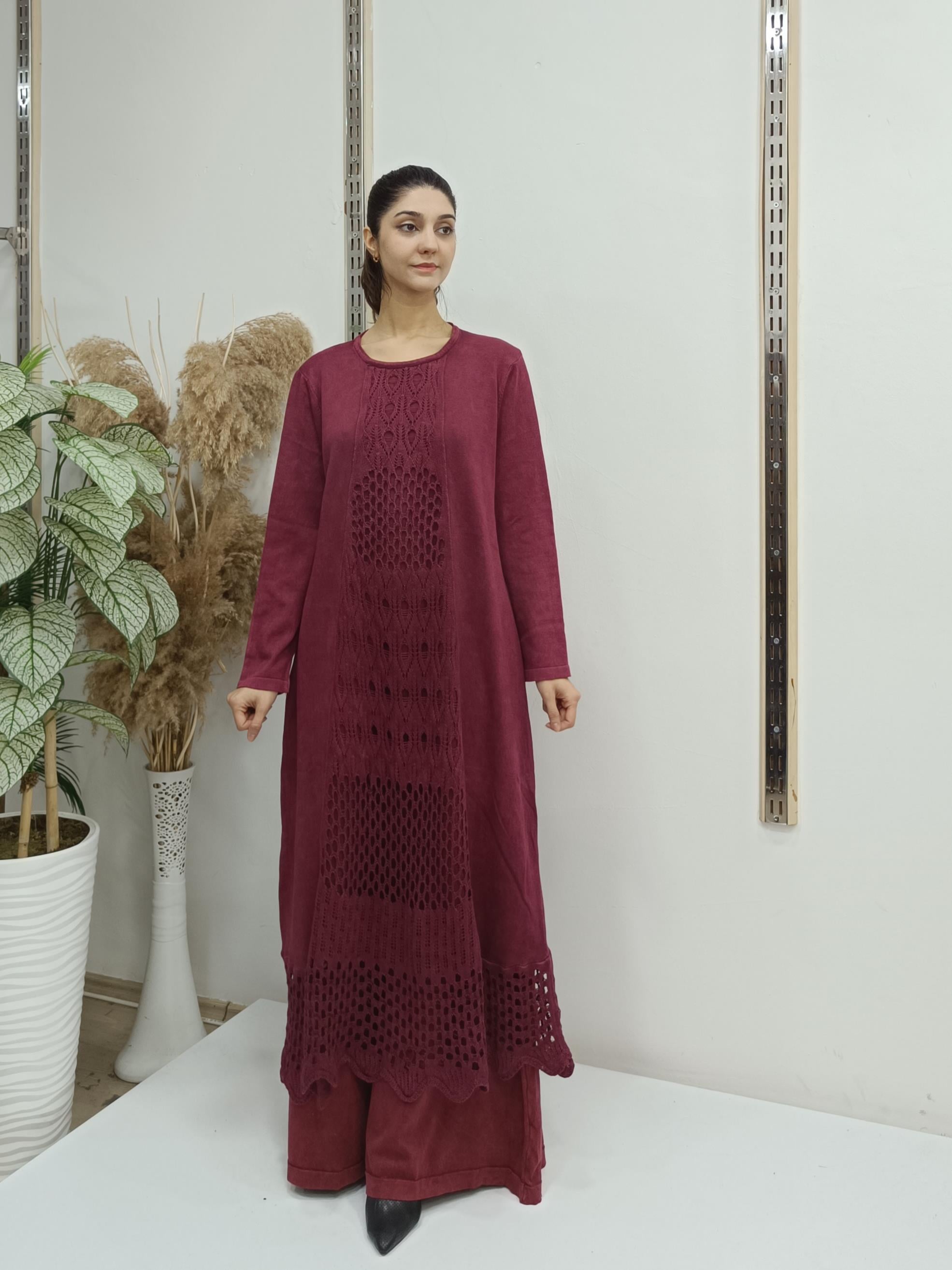 dantel detaylı uzun salaş tunik bordo
