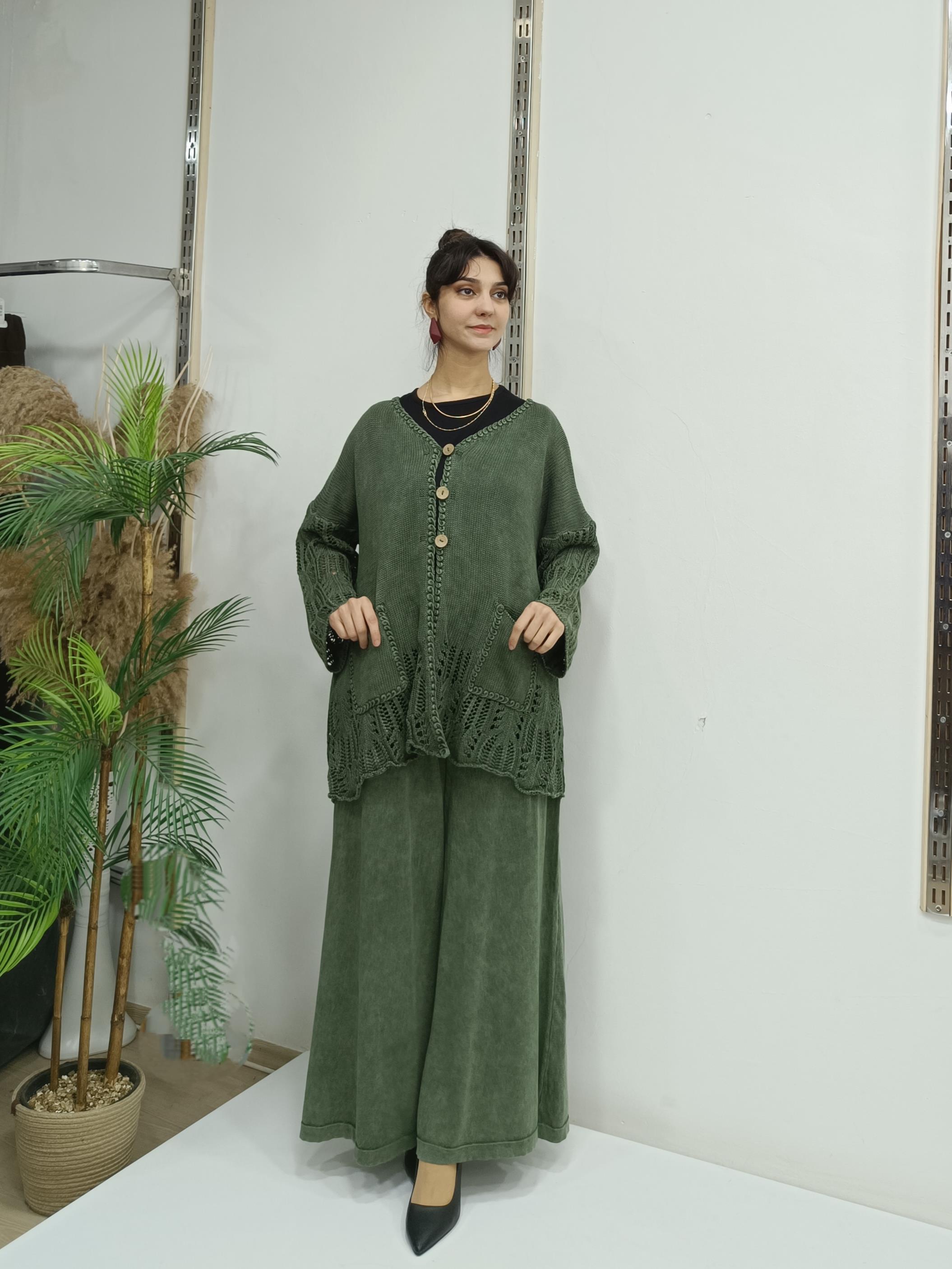 düğmeli dantelli  kısa hırka Haki