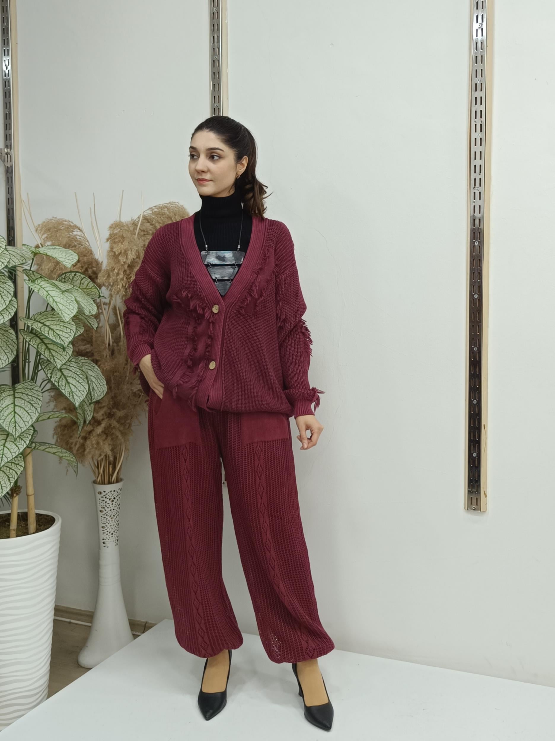 düğmeli kısa hırka bordo