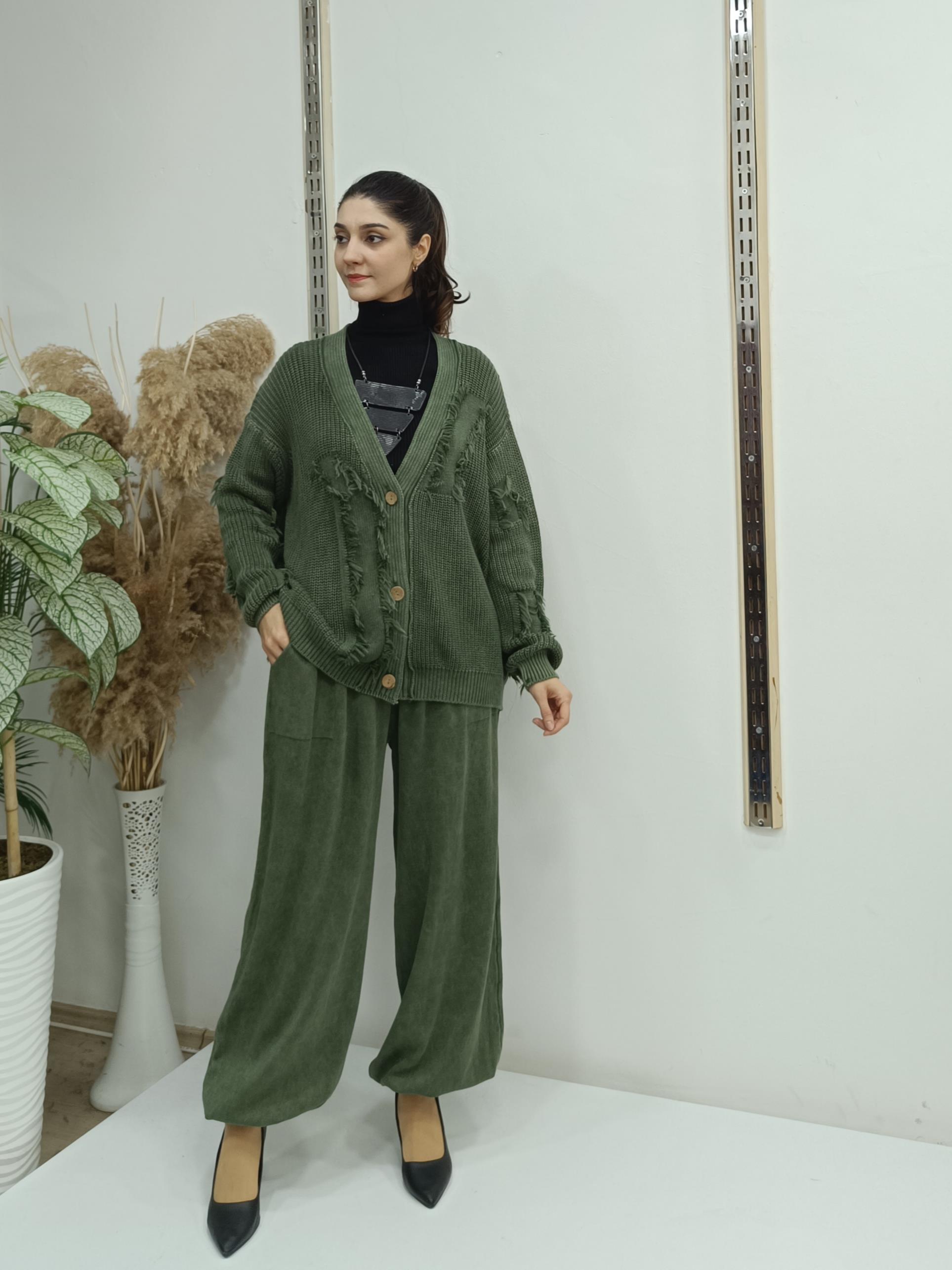 düğmeli kısa hırka hakiyeşil