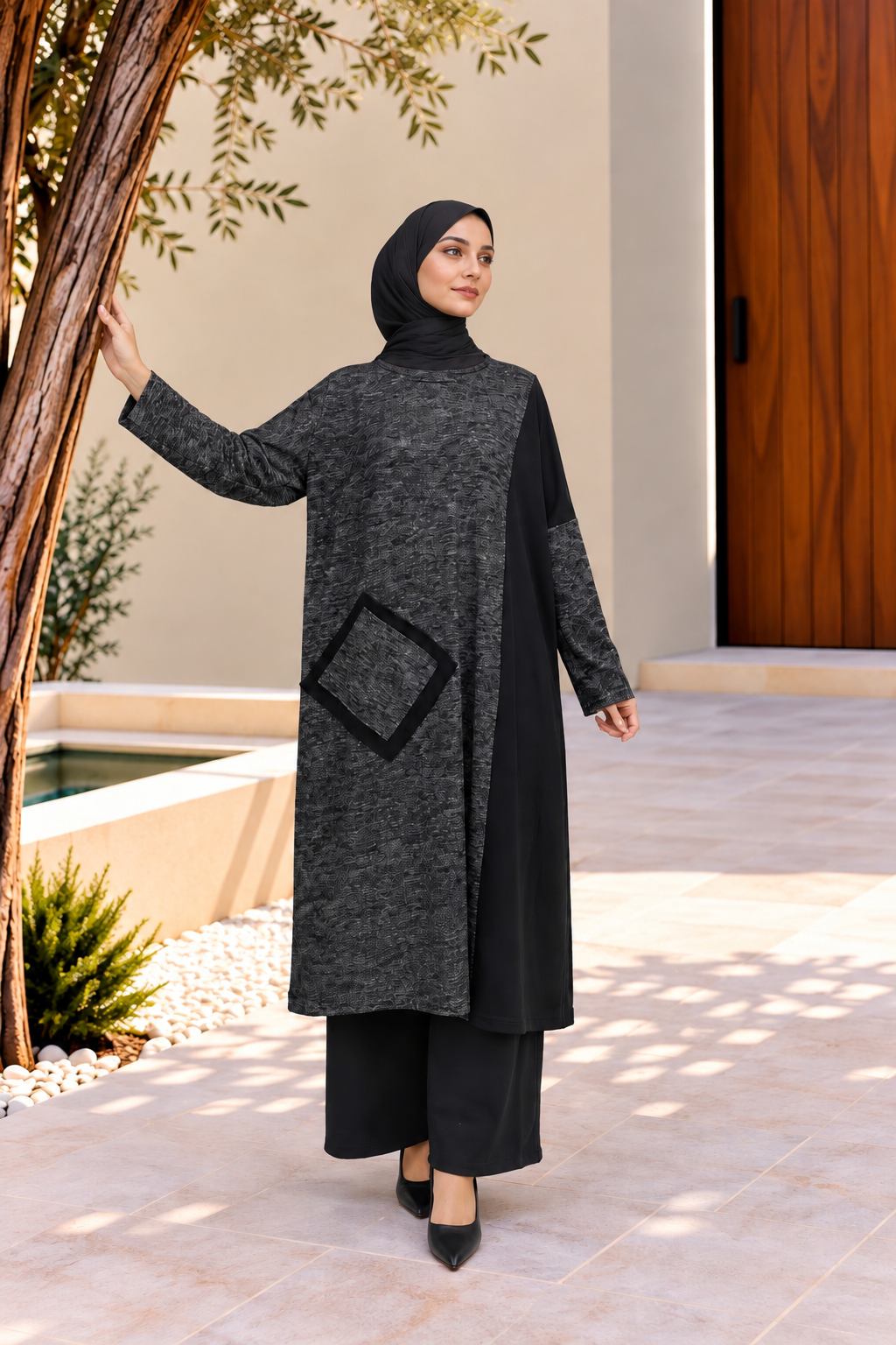 Kadın Bisiklet Yaka Patchwork Tunik Antrasit Siyah