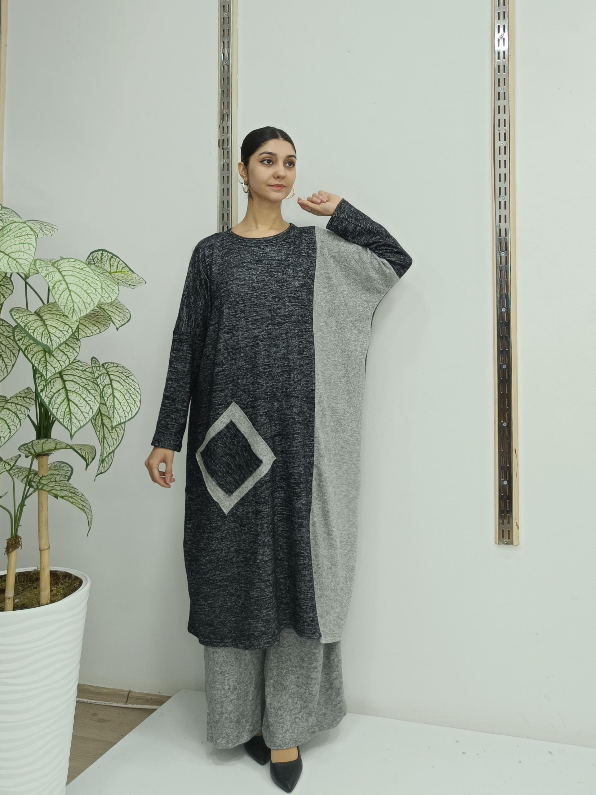 Kadın Bisiklet Yaka Patchwork Tunik gri