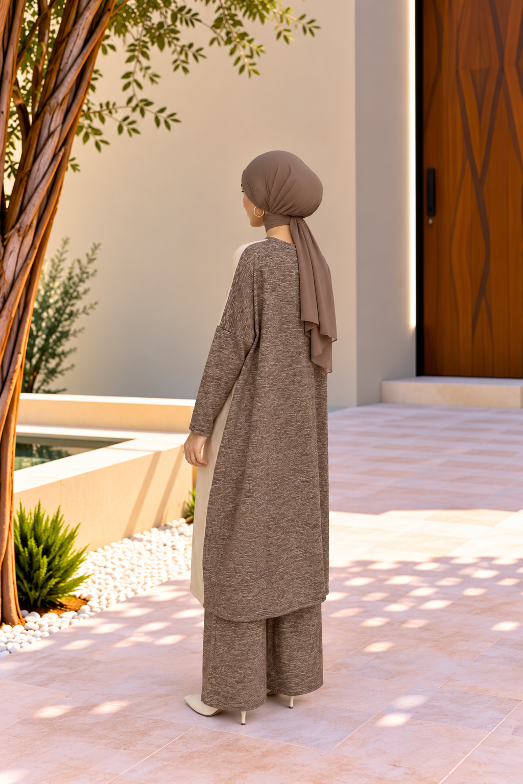Kadın Bisiklet Yaka Patchwork Tunik Kehve Vizon