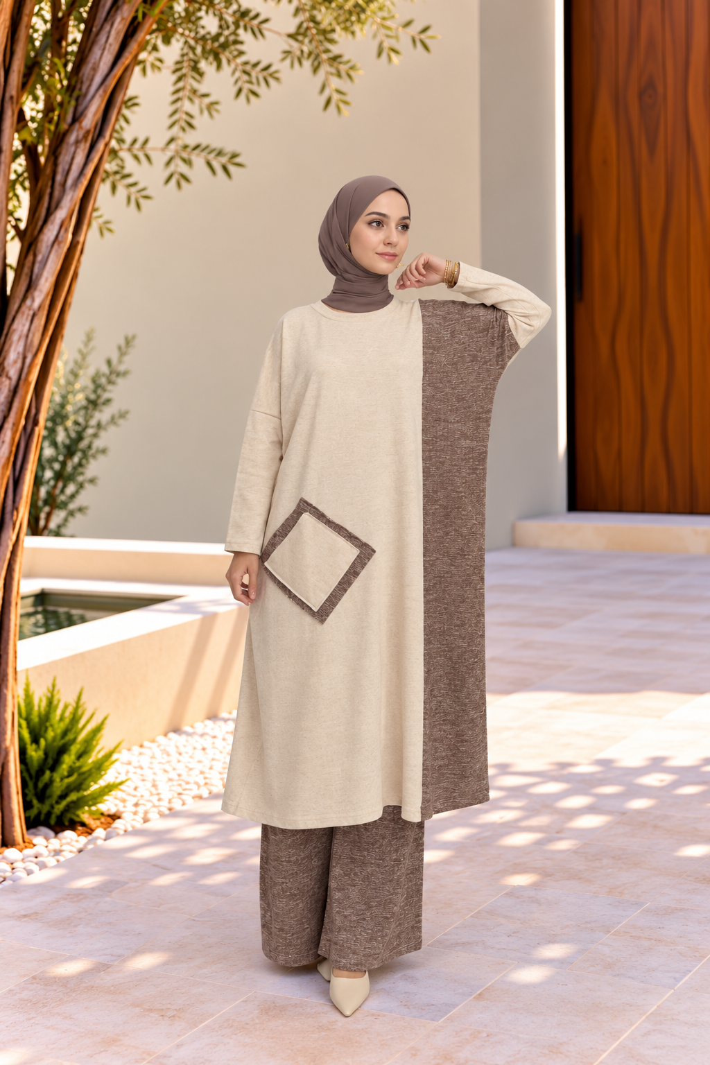 Kadın Bisiklet Yaka Patchwork Tunik Krem Kahve