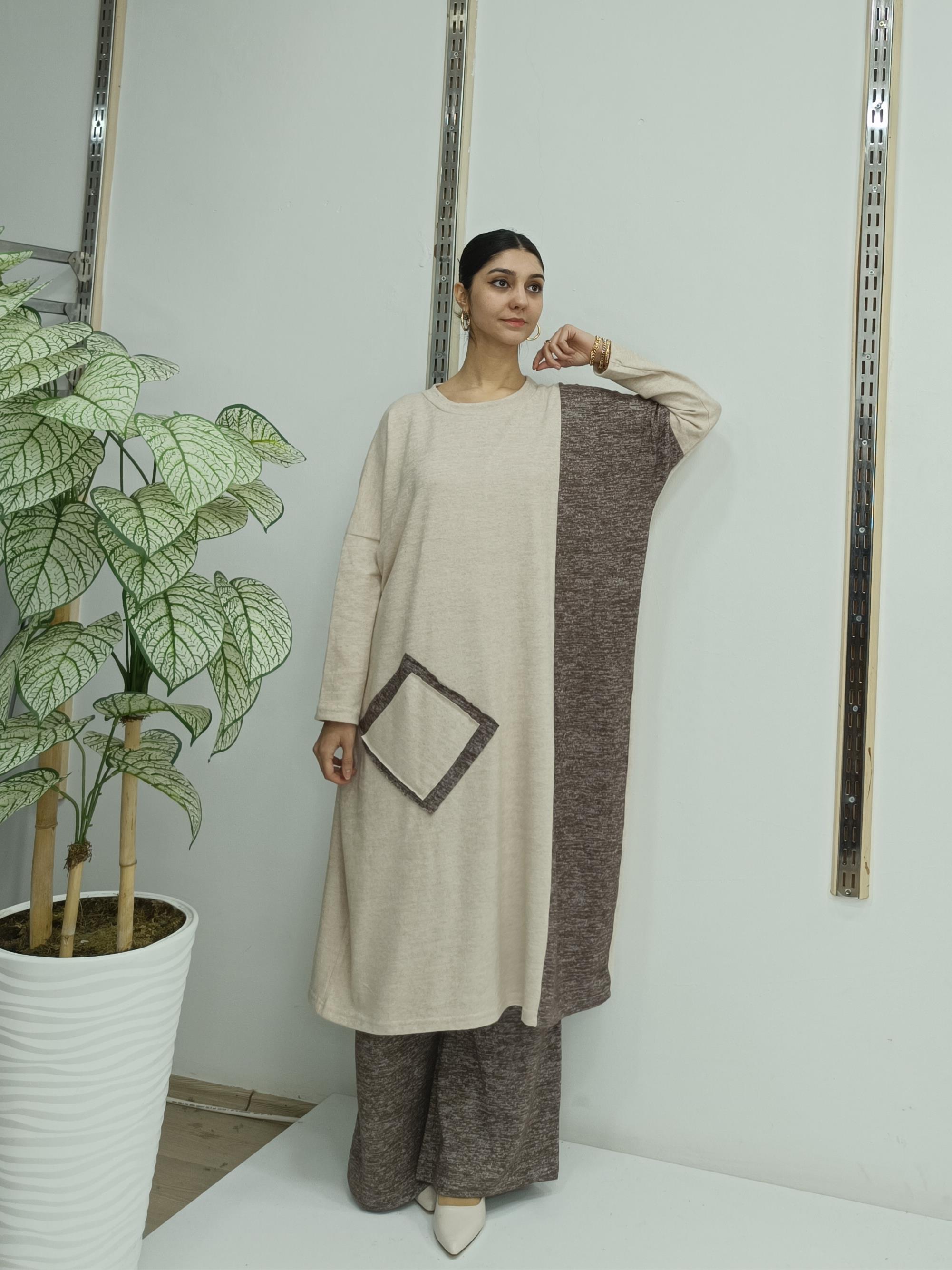 Kadın Bisiklet Yaka Patchwork Tunik krem