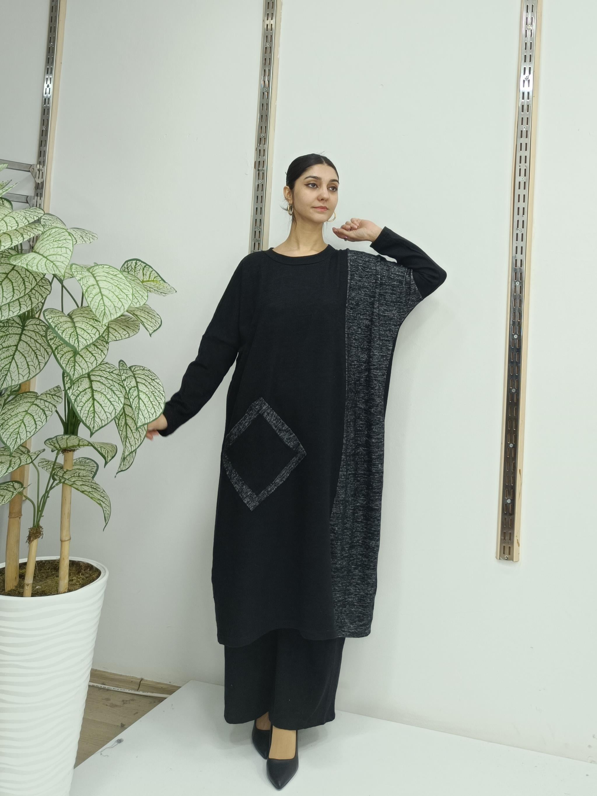 Kadın Bisiklet Yaka Patchwork Tunik siyah