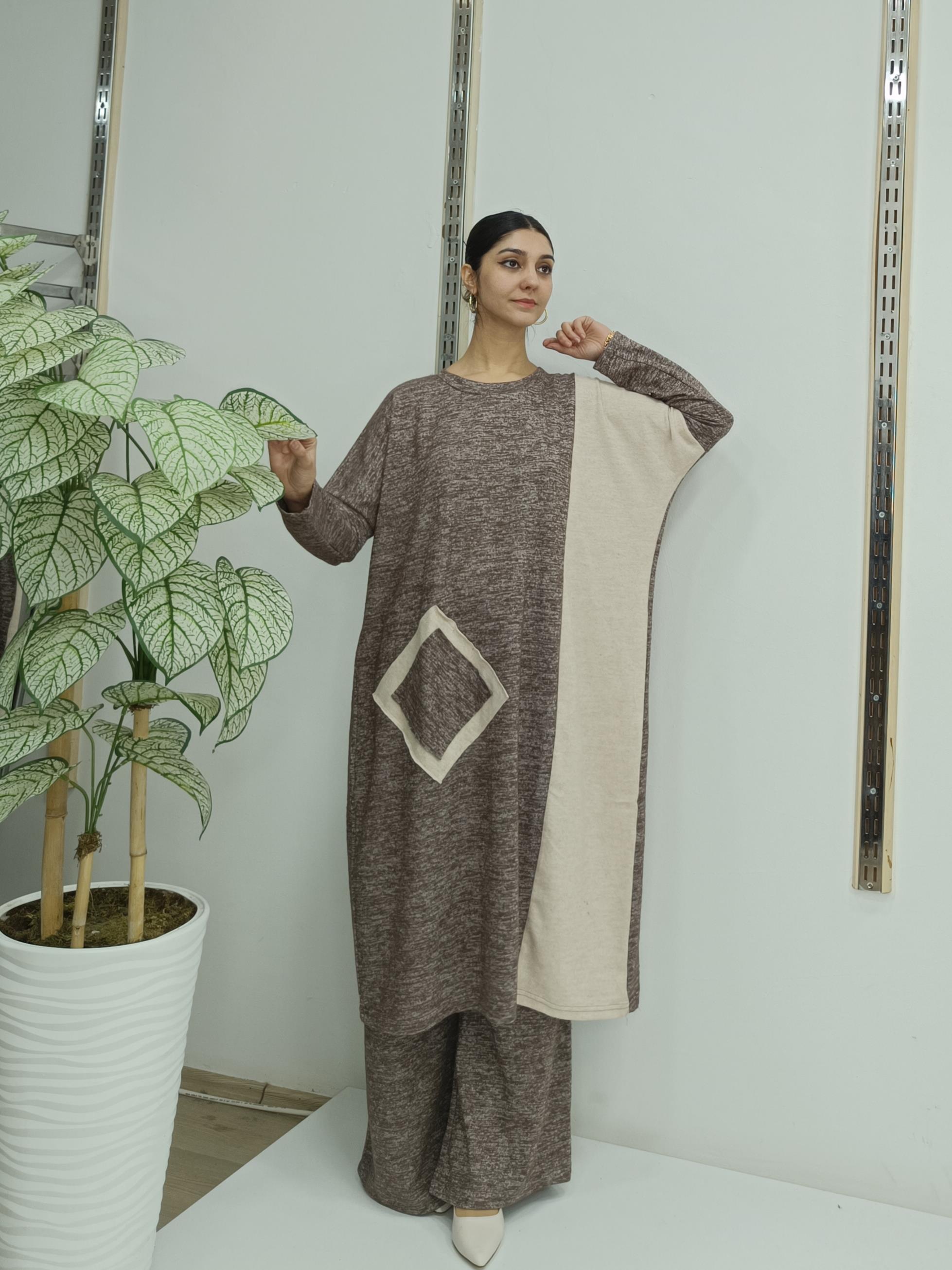 Kadın Bisiklet Yaka Patchwork Tunik vizon