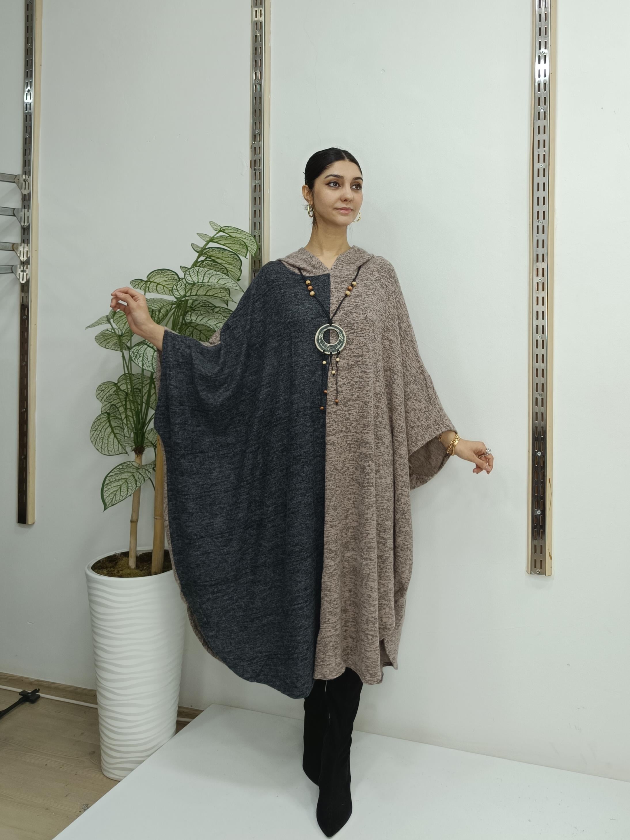 kapüşonlu panço vizon antrasit